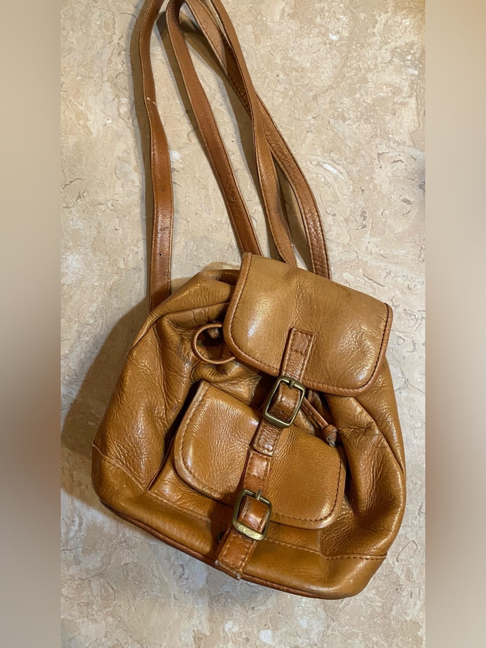 Source Unknown Tan Leather Drawstring Backpack with Front Buckles
